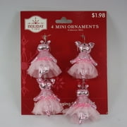 Holiday Time Shiny Blush Pink Dancing Pig and Hippo Christmas Mini Ornaments, 4 Count