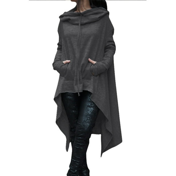 Plus Size Women Asymmetric Hem Long Sleeve Loose Casual Hoodies Sweatshirts  Tunic Tops With Pockets Autumn Winter Ladies Pullover Hooded Tops 