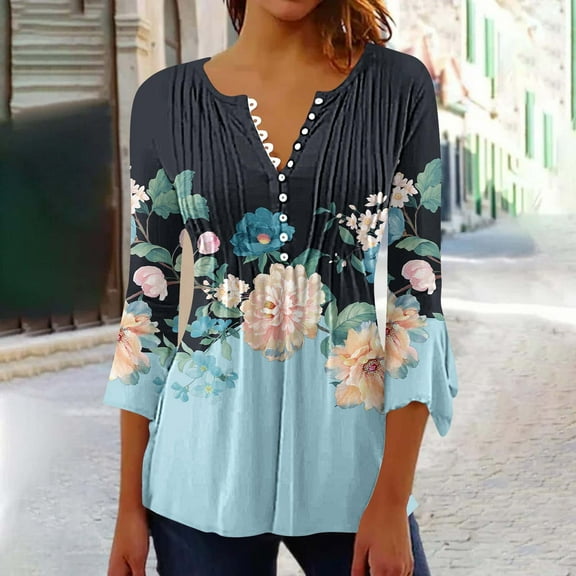 Blczomt Loose Fit Women Tops Floral 3/4 Length Sleeve Blue T Shirt Button Dressy Casual V Neck Blouses Women
