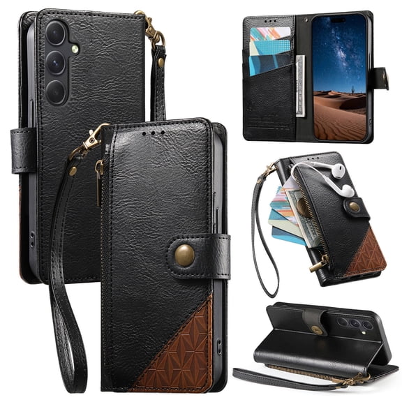 Compatible with Samsung Galaxy S25 FE Wallet Phone Case - PU Leather Magnetic Flip Cover with Credit Card Slots Zipper Pocket & Detachable Wrist Strap, Shockproof Design, for Women and Men - Black