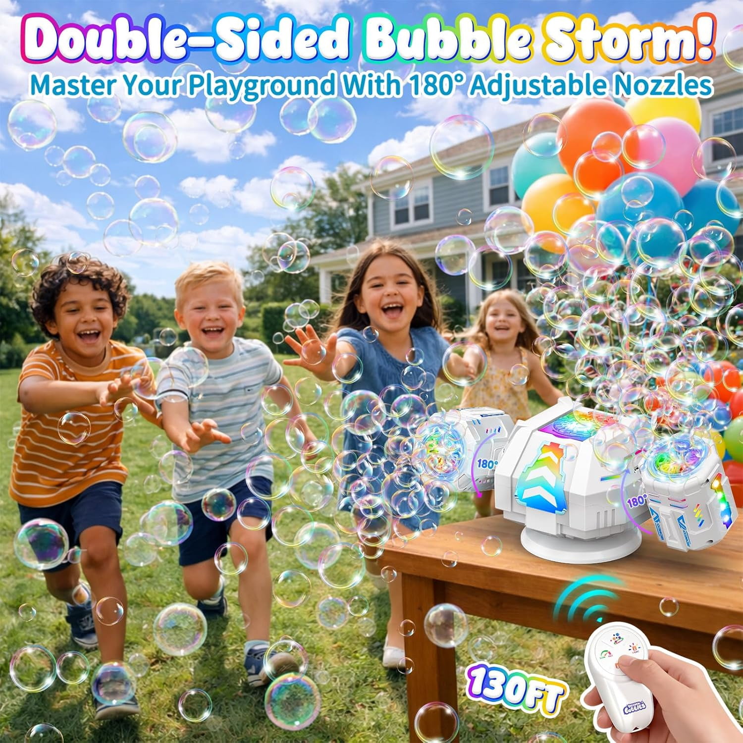 Bubble Machine, Rechargeable Bubble Maker with 360 ° Automatic Rotation & 9 LED Light, 30000+ Bubbles Blower Machine, Birthday Parties, Wedding, Indoor, Outdoor Activities