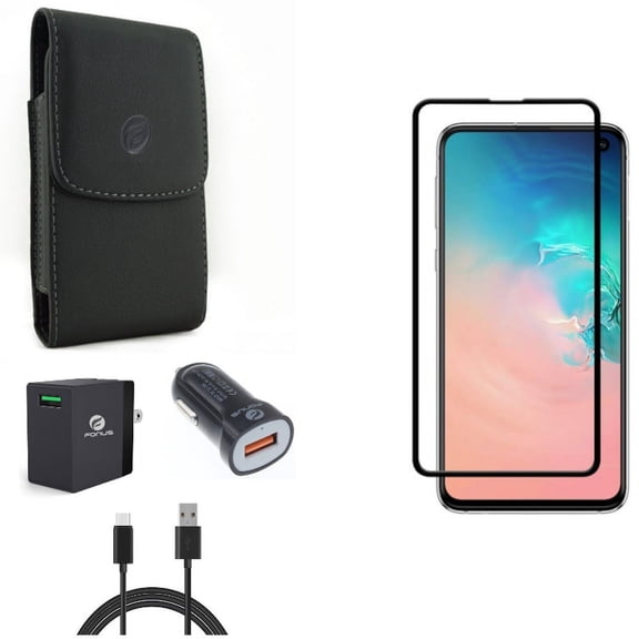 Galaxy S10e Fast Home Car Charger w Screen Protector w Case Belt Clip - USB Cable Type-C 6ft Long, Tempered Glass 5D Curved Edge, Leather Holster Cover for Samsung Galaxy S10e Phone