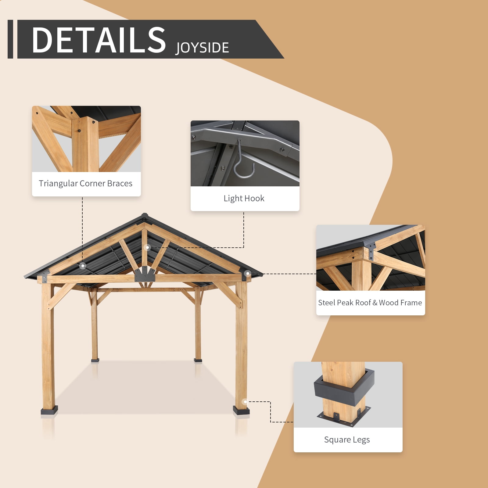 MeetLeisure 11' x 13' Cedar Solid Wood Hardtop Gazebo, Outdoor Patio Gazebo with Steel Roof, Black