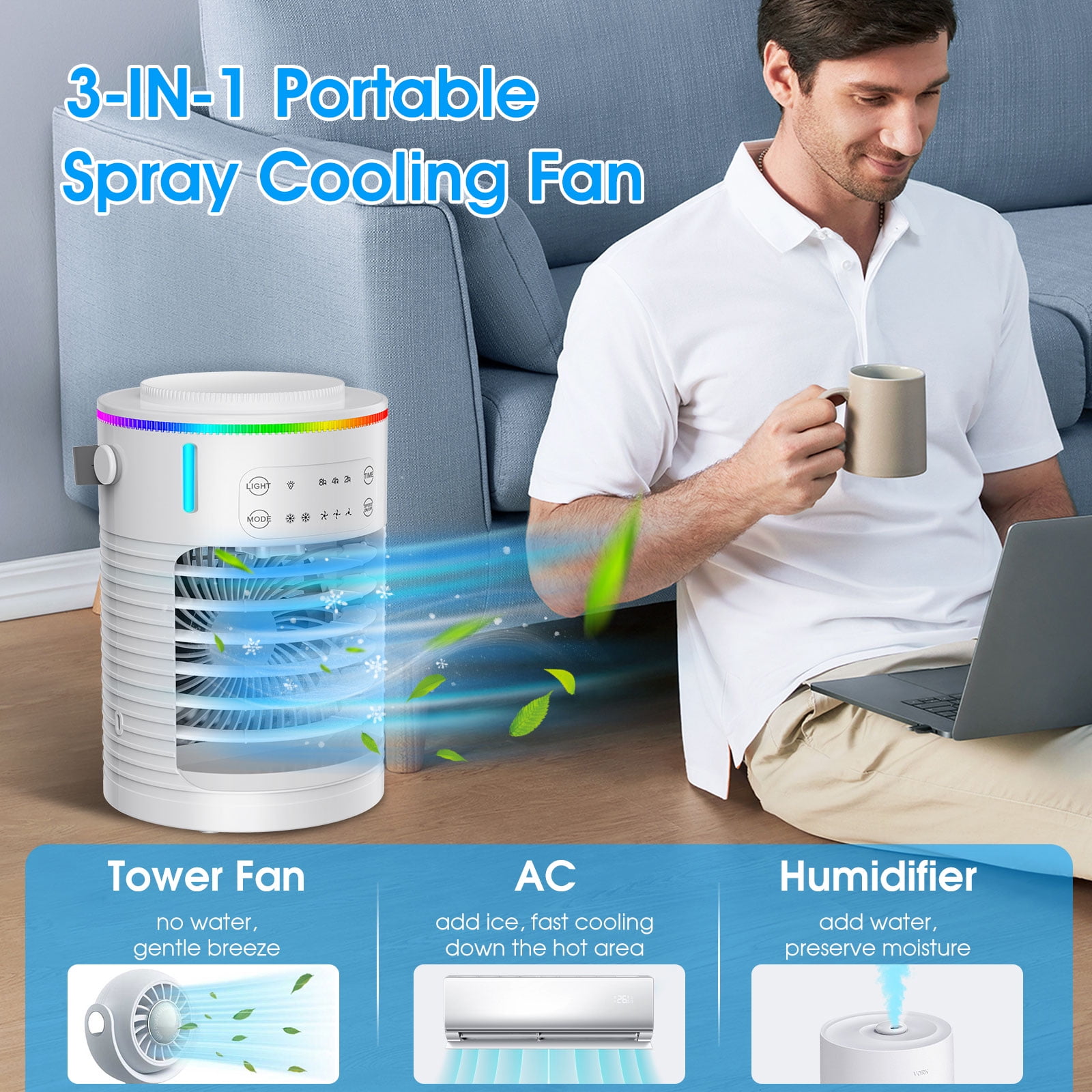 Portable Air Conditioners & Cooler - 3-Sec Fast Cooling, 600mL Tank with Ice Compartment, 3 Fan Speeds + 2 Mist Modes, 48dB Ultra-Quiet, Adjustable Airflow - for Bedroom, Office & Travel