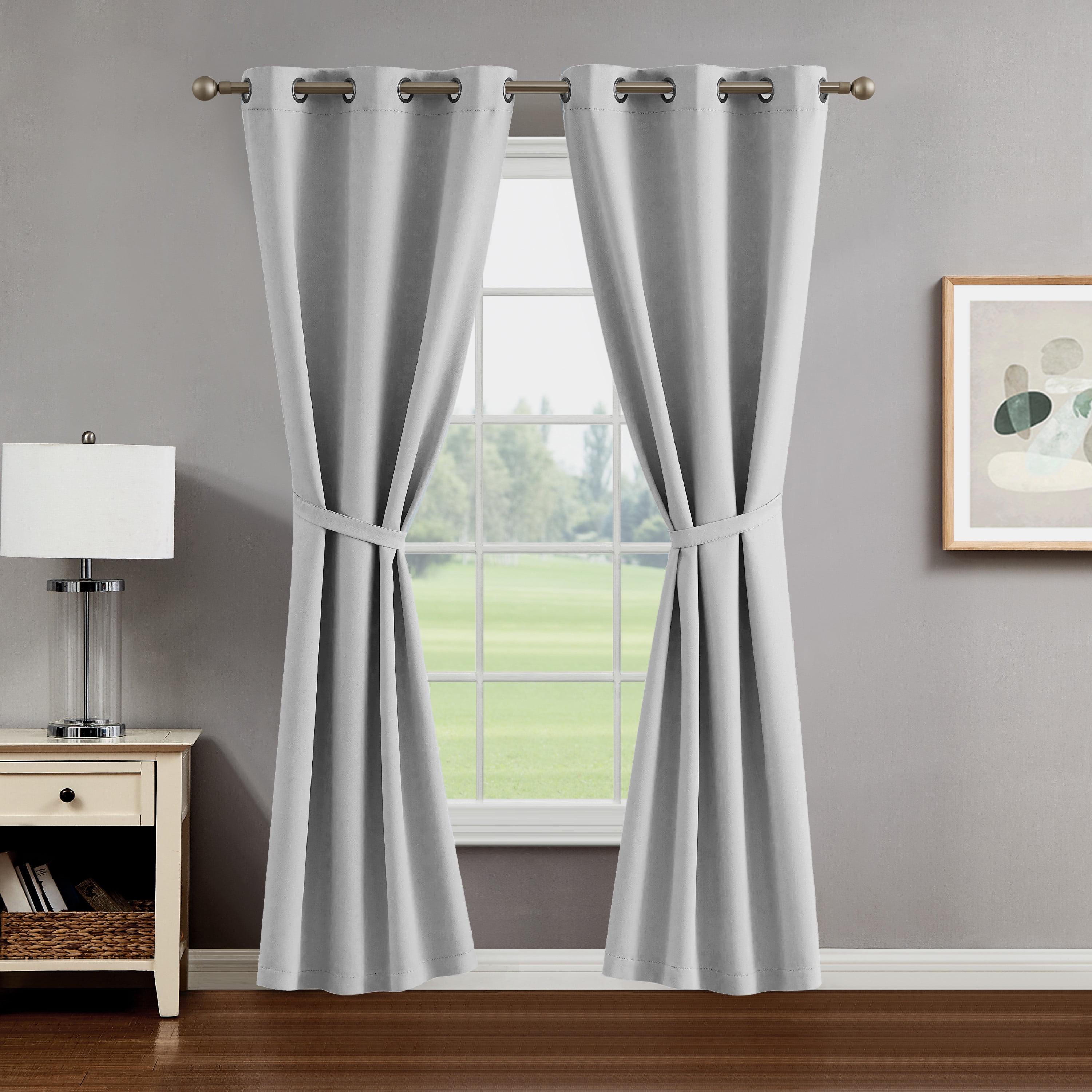 Mid Grey Blackout Curtains Eyelet Ring Top Super Soft Touch with 2 Tiebacks 
