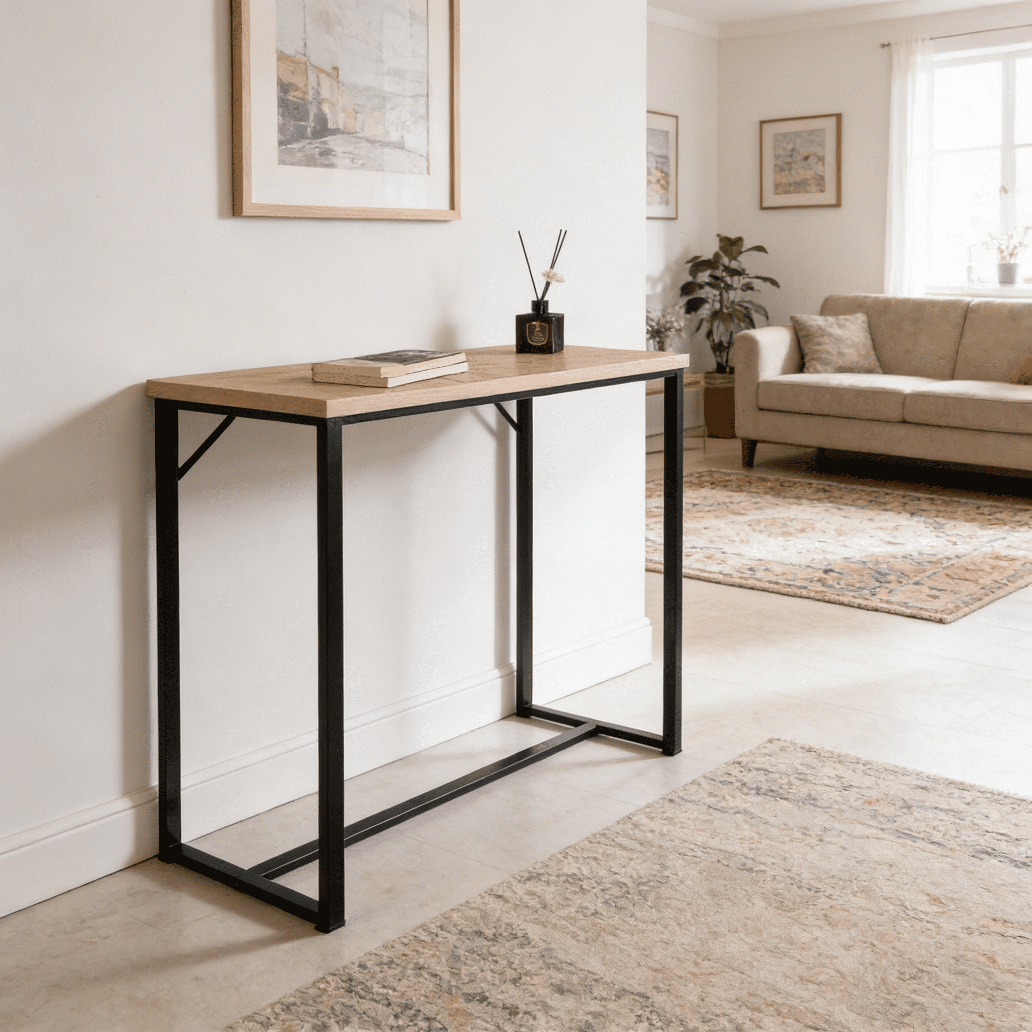 Bali Coastal Modern Console Table Natural Wood Top with Black Metal Legs
