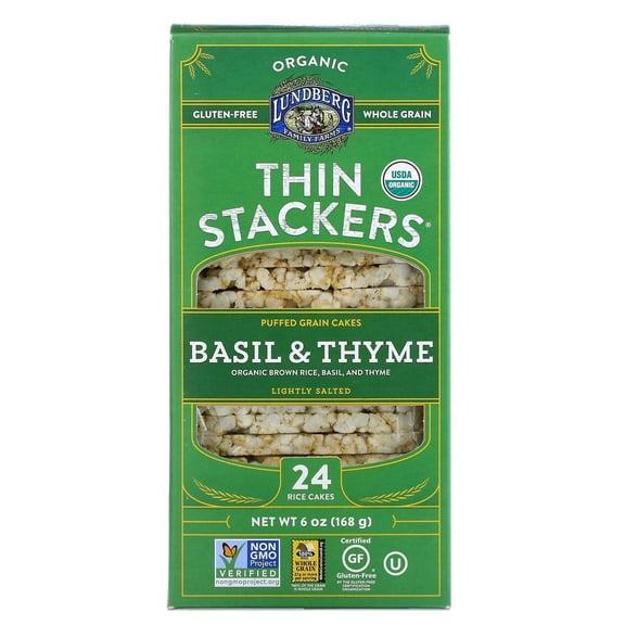 Lundberg, Organic Thin Stackers, Puffed Grain Cakes, Basil Thyme, Lightly Salted, 24 Rice Cakes, 6 oz (168 g)
