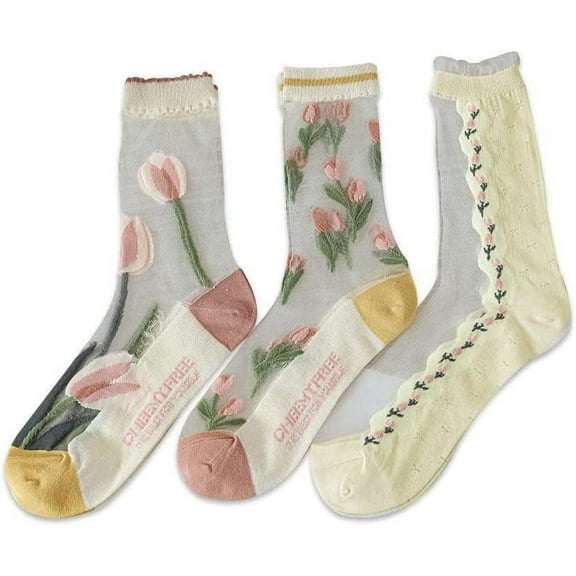 Zhengup 3 Pairs Women Floral Sheer Sock Elastic See Through Socks Summer Thin Mesh Lace Jacquard Socks Cottagecore Accessories