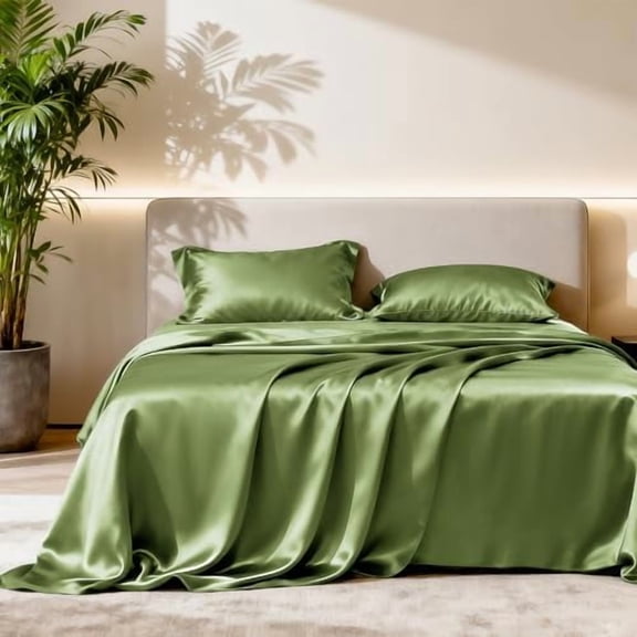 Satin King Sheet Sets - 4 Piece Sage Silky Sheets King Size Bed Set with Deep Pocket, Luxury Silk Feel King Size Satin Sheet Set (1 Flat Sheet,1 Fitted Sheet,2 Pillow Cases)
