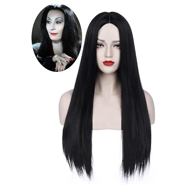 Peluca Morticia Addams negra Peluca negra para disfraz de Morticia Peluca de pelo liso para mujer Pelo suave Natural lindo con gorros de peluca Pelucas sintéticas de colores para D