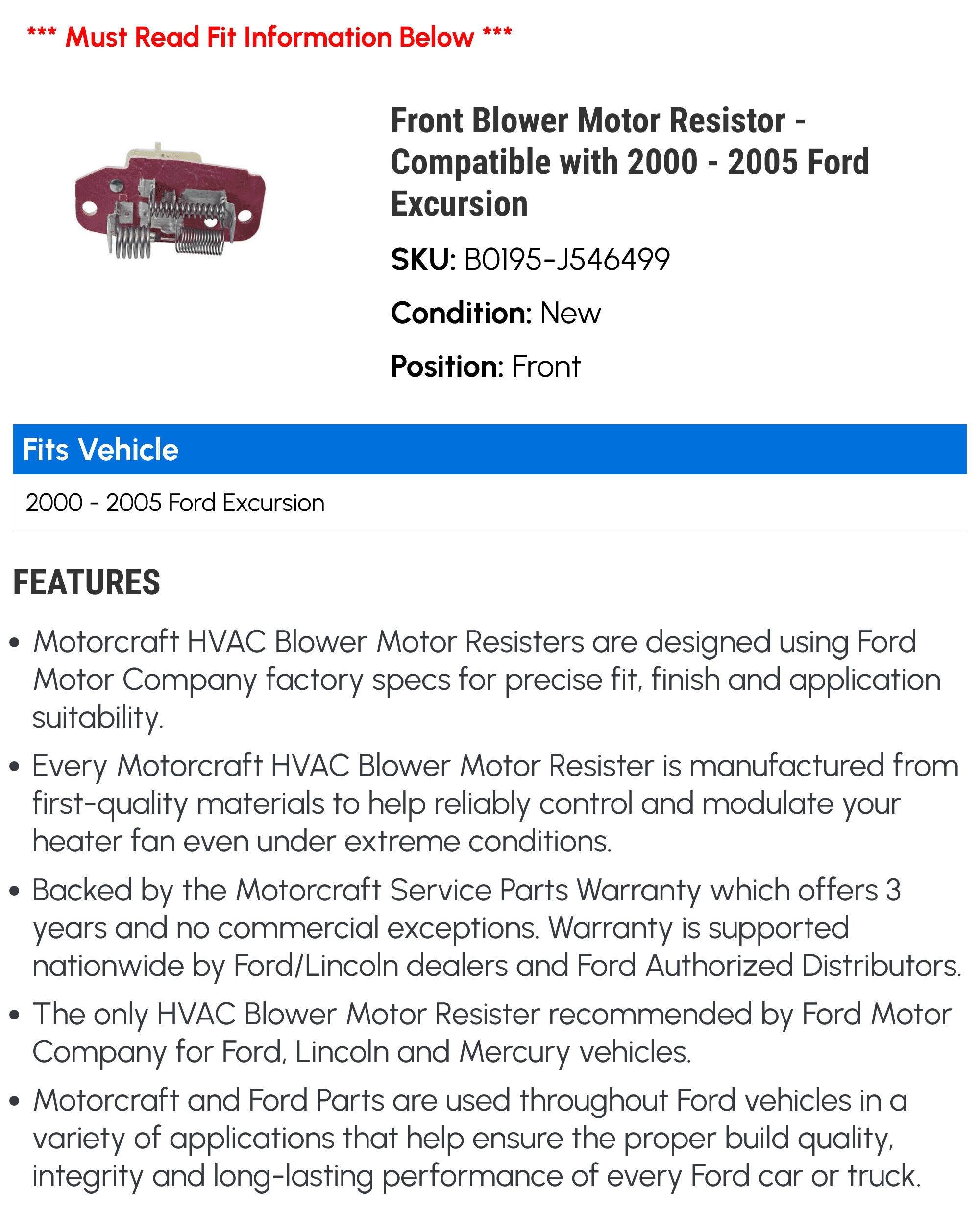 Front Blower Motor Resistor - Compatible with 2000 - 2005 Ford Excursion 2001 2002 2003 2004
