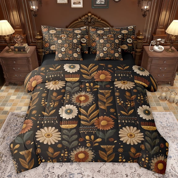 Castle Fairy Groovy Flowers Boy Girl Twin Bedding Sets 7-Piece,Vintage Aesthetic Bedding Comforter Set Microfiber,Chic Floral Blossoms Breathable Sheet Sets,Microfiber Bedroom Decor,Reversible