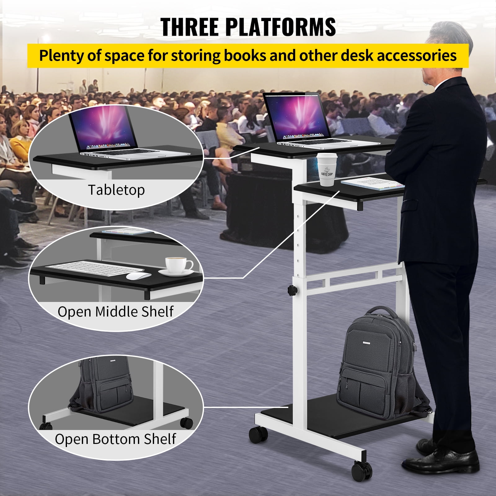 VEVOR Bureau mobile pour ordinateur portable, 30 à 43,3, chariot roulant  réglable en hauteur avec ressort à gaz, roulettes pivotantes et crochet  Table d'ordinateur de bureau à domicile pour debout ou assis