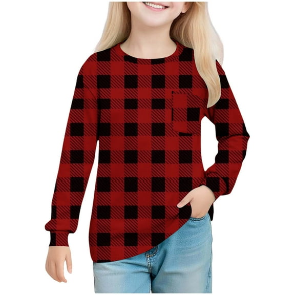 KyCheLot Girls Plaid Tshirts Long Sleeve Print Pullover Long Sleeve School Daily Wear Tops 5-14 Years