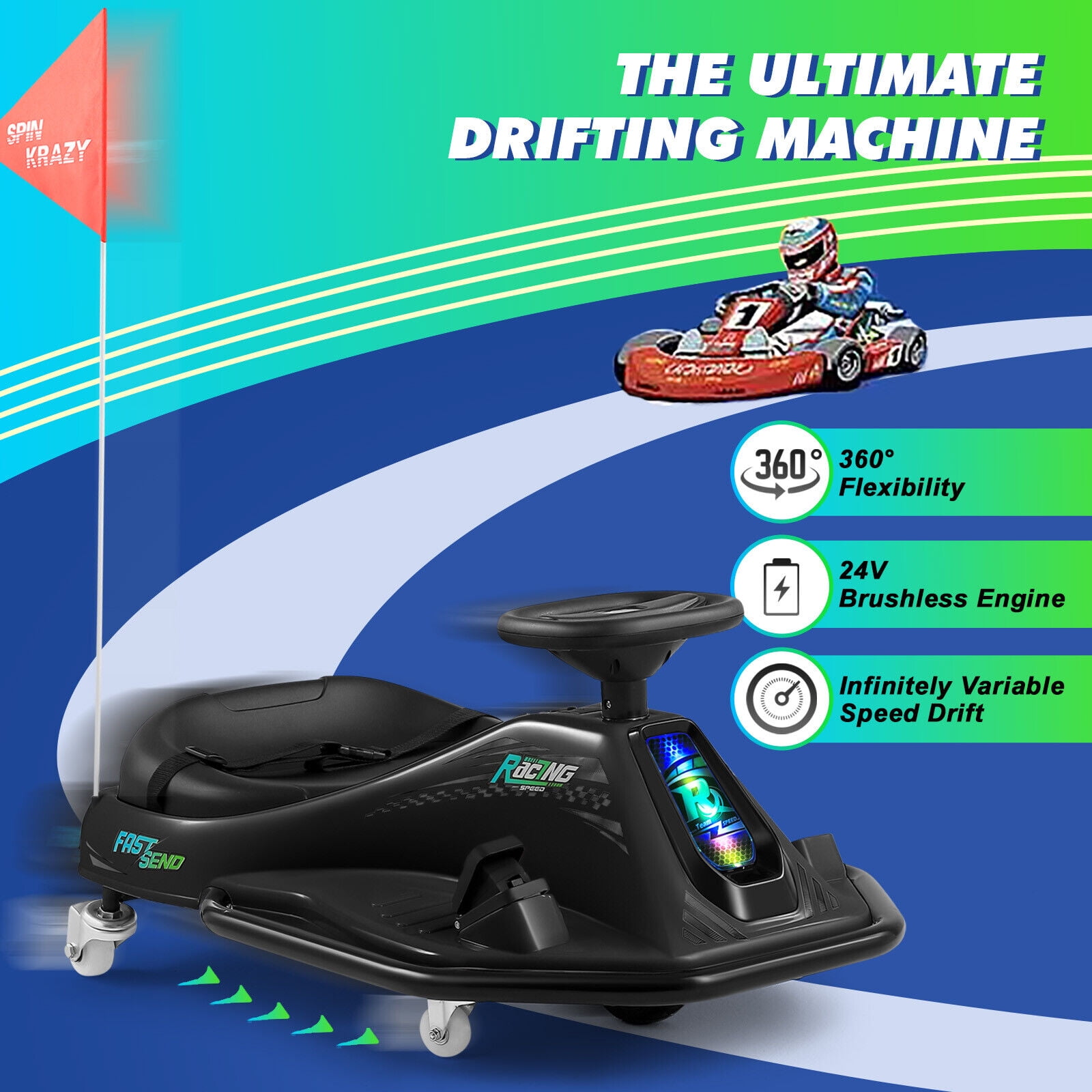 Joyldias 24 V Go Kart Powered Ride-On Toy with Flashing Lights and Bluetooth Enabled