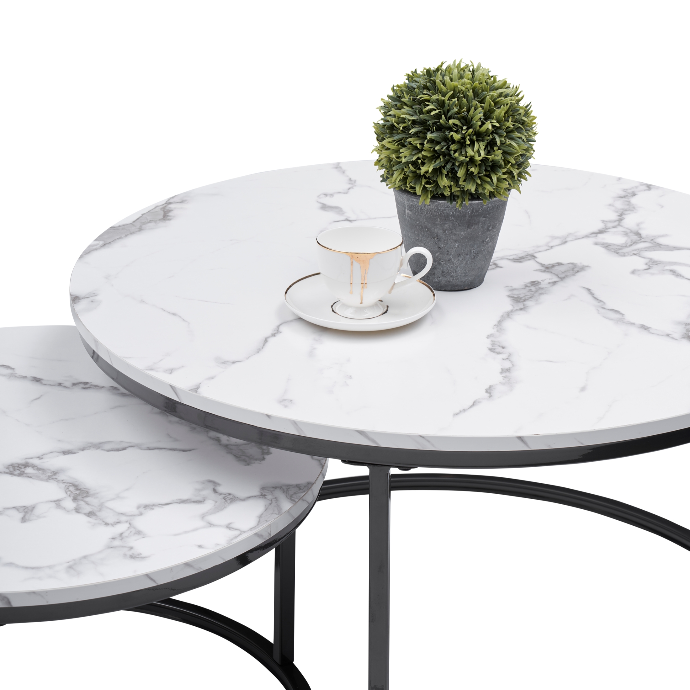 Modern Round Nesting Coffee Table Set with 31.5 in White Faux Marble Top and Gold Metal Legs Accent Wooden Stacking Side Tea Table for Living Room