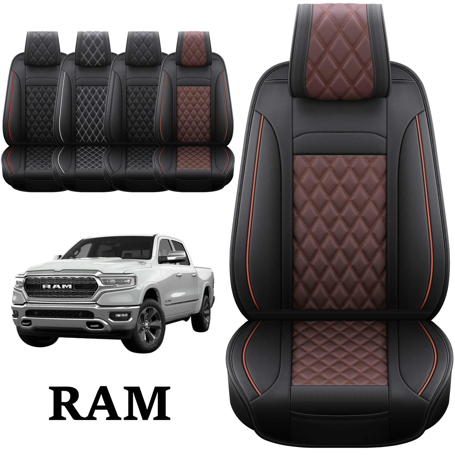 JOJOBAY Car Seat Covers for Dodge Ram,Fit 2009-2026 1500/2500/3500 HD Pick-up Truck,Crew,Regular,Quad,Mega Cab,Waterproof Synthetic Leather Seat Covers(2PCS-Front,Black-Brown)