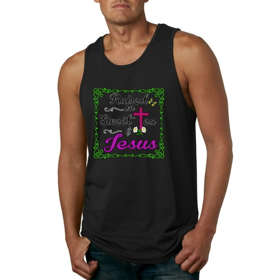 Wild Bobby, Raised On Sweet Tea & Jesus, Inspirational Christian, Men Graphic Tank Top, Black, Small