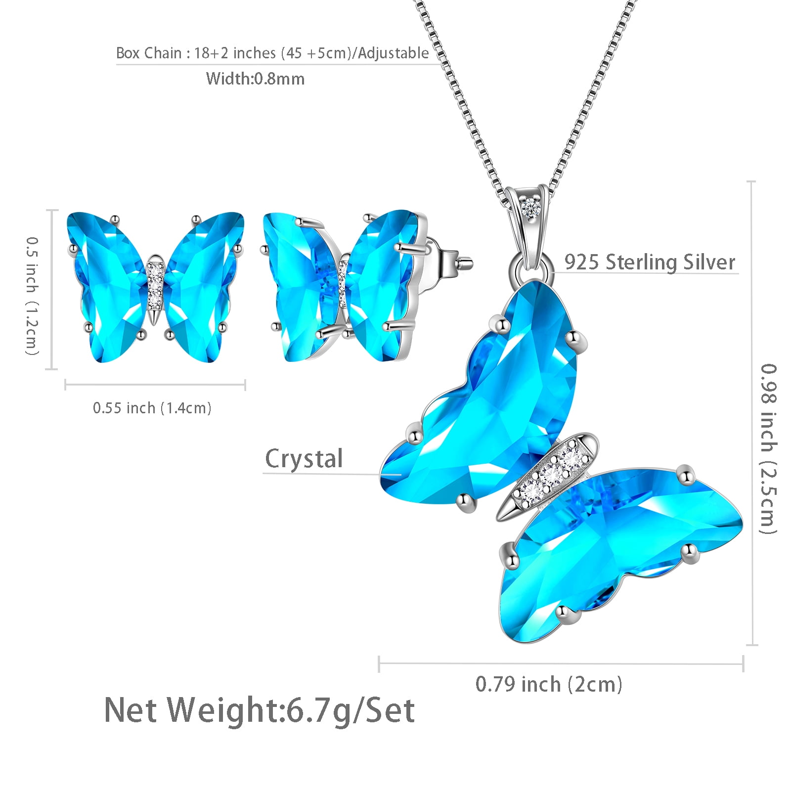 Blue Butterfly Jewelry Sets Necklace Earrings Sterling Silver Aquamarine Jewelry Set March Birthstone Crystal Women Birthday Mother's Day Gifts