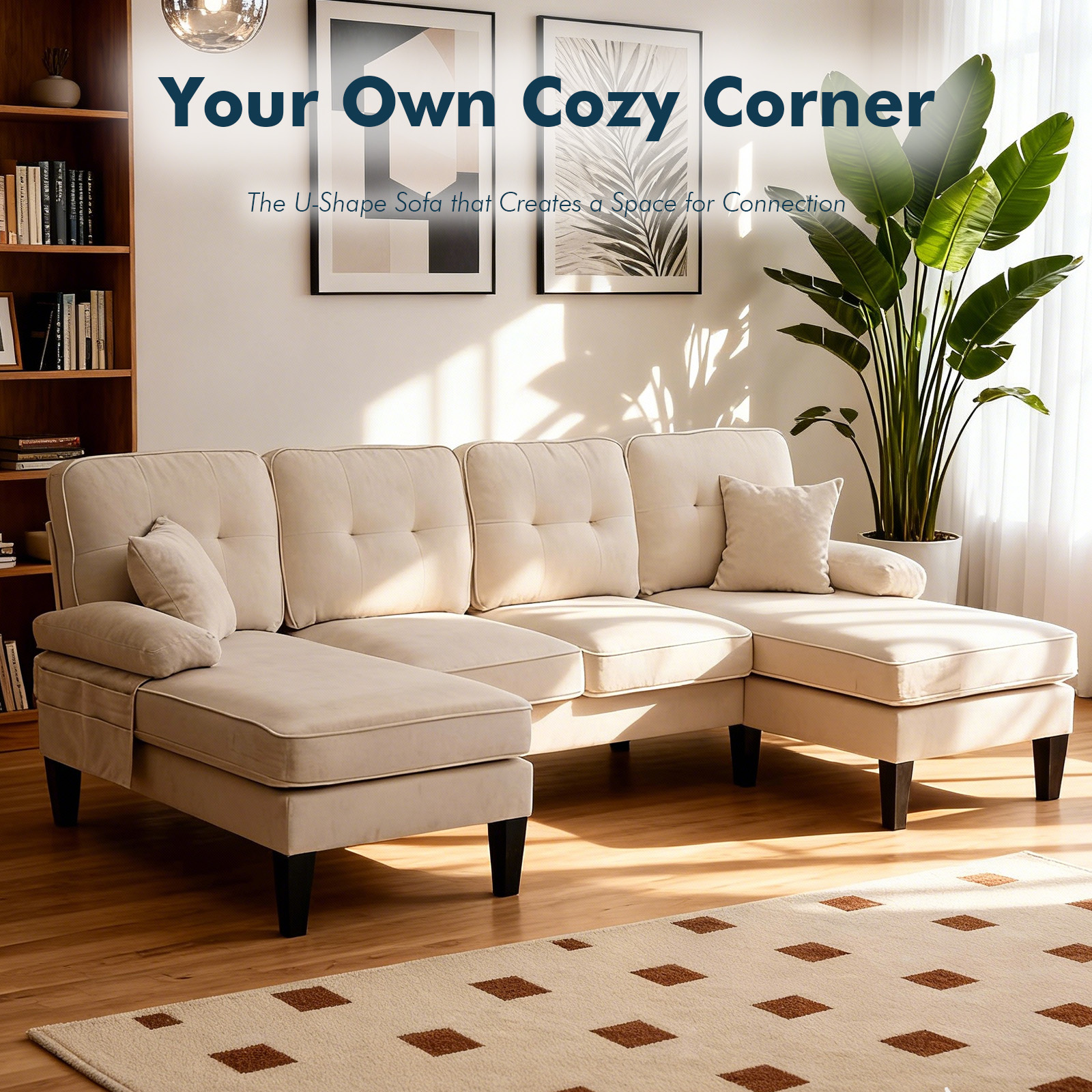 MOONMISS U-Shaped Sectional Sofa, 4 Seater Sectional Couch with Chaise, Modular Sleeper Sectionals for Living Room-Beige