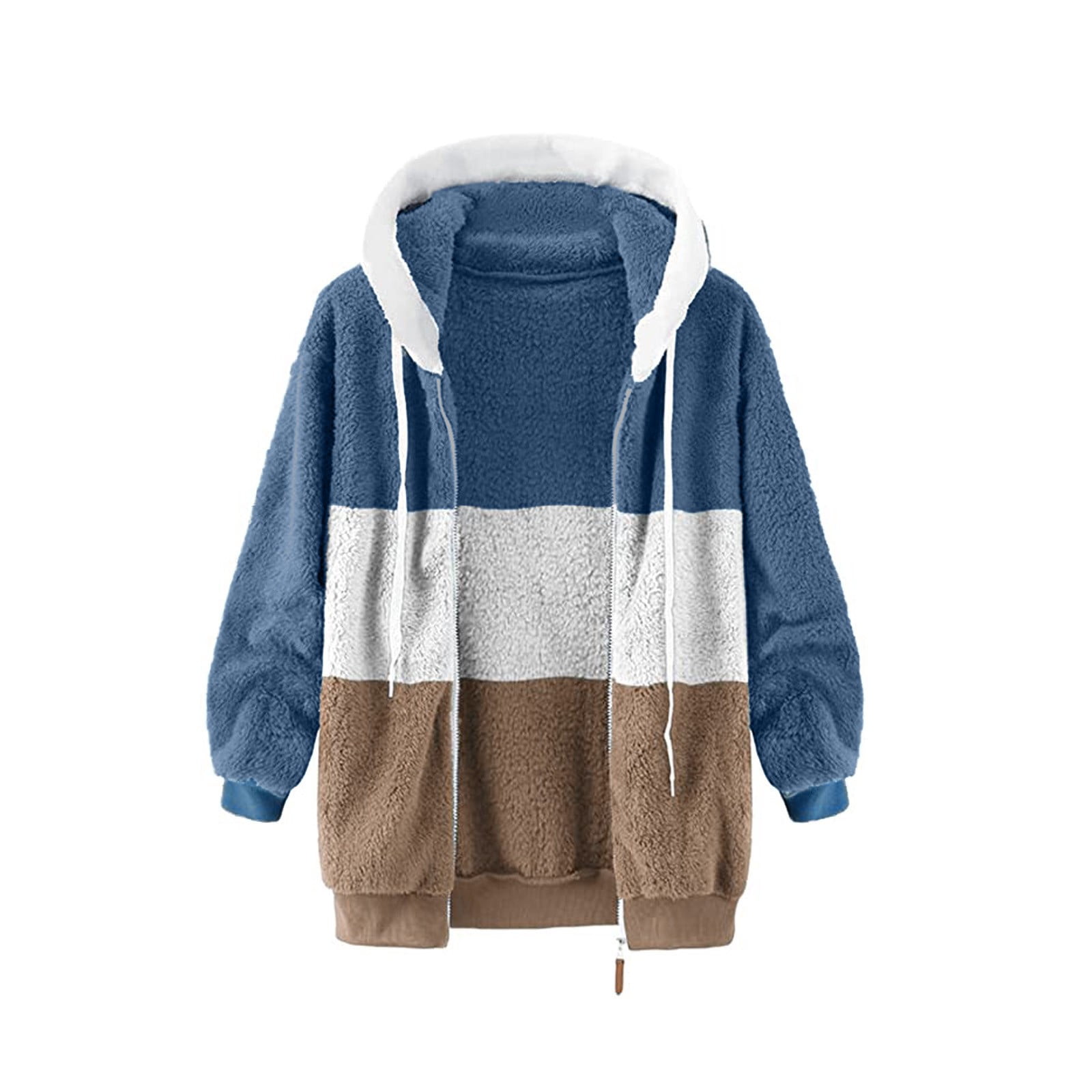 MeetoTime Plus Size Hoodies for Women Fleece Fuzzy Winter Hooded Full Zip Up Color Block Casual Outerwear with Pockets