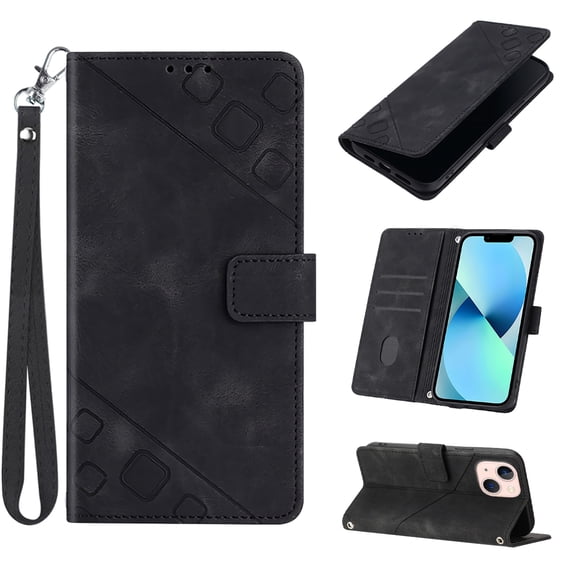 Feishell for Apple iPhone 13 6.1 inch Wallet Case with Wrist Strap,Flip Cover with Embossed Pattern PU Leather Kickstand Credit Card Slots Magnetic Clasp Folio Purse Phone Case,Black