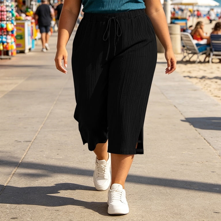 women's plus size black dress pants CQONEPT Women Wide Pant Elastic Waist High Rise Wide Leg Pants Elegant Loose Fit Solid Trousers Green 2XL Salmon Milly Black Lace Asymmetrical Color:Forest/Rose Gold these pants offer a