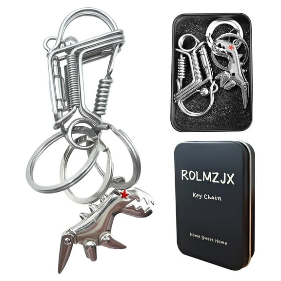 Car Key Chain, Key Chains For Men, Stainless Key Chain With Small Dinosaur Pendant,Heavy Duty Car Keychain With 3 Key Rings (Silvery)