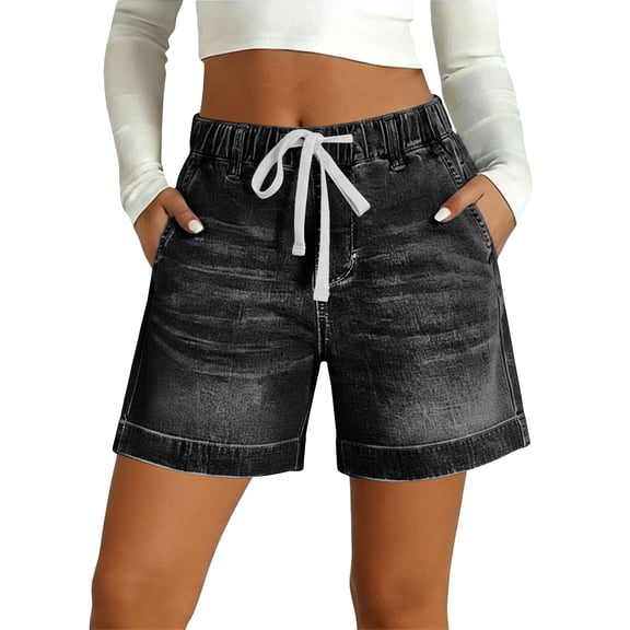 Jean Shorts for Women High Waisted Pull on Drawstring Elastic Waist Trendy Stretchy Denim Wide Leg Jorts Summer Shorts with Pockets L