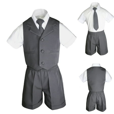 

4pc New Born Boys Dark Gray Eton Vest Shorts Sleeve Necktie Set Formal Sm-4T