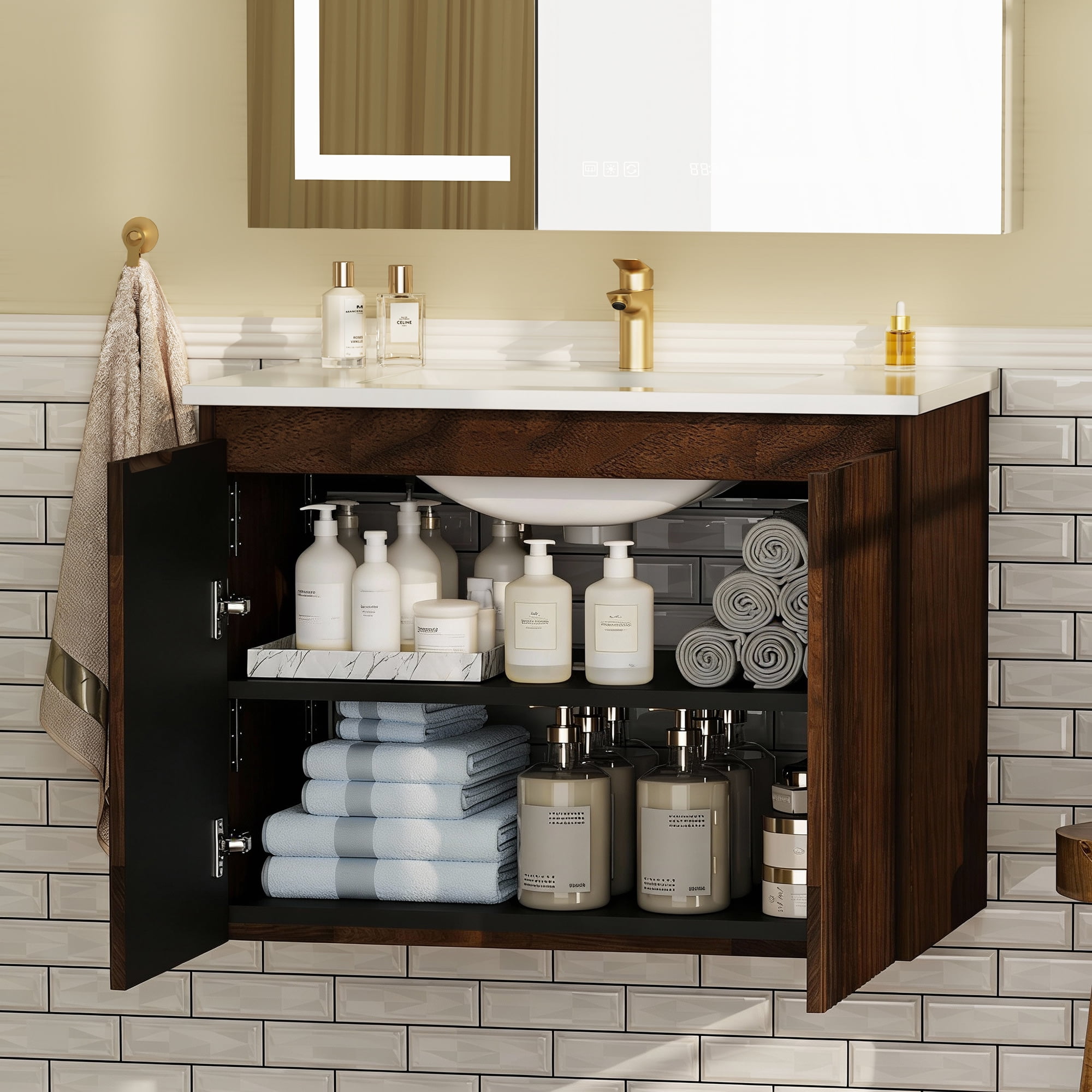 SUNRINX 30 in. Walnut Bathroom Vanity with Sink, Foldable Wall Cabinet, Space-Saving Modern Bathroom Vanity, Quick Install Bathroom Vanities for Small Bathrooms