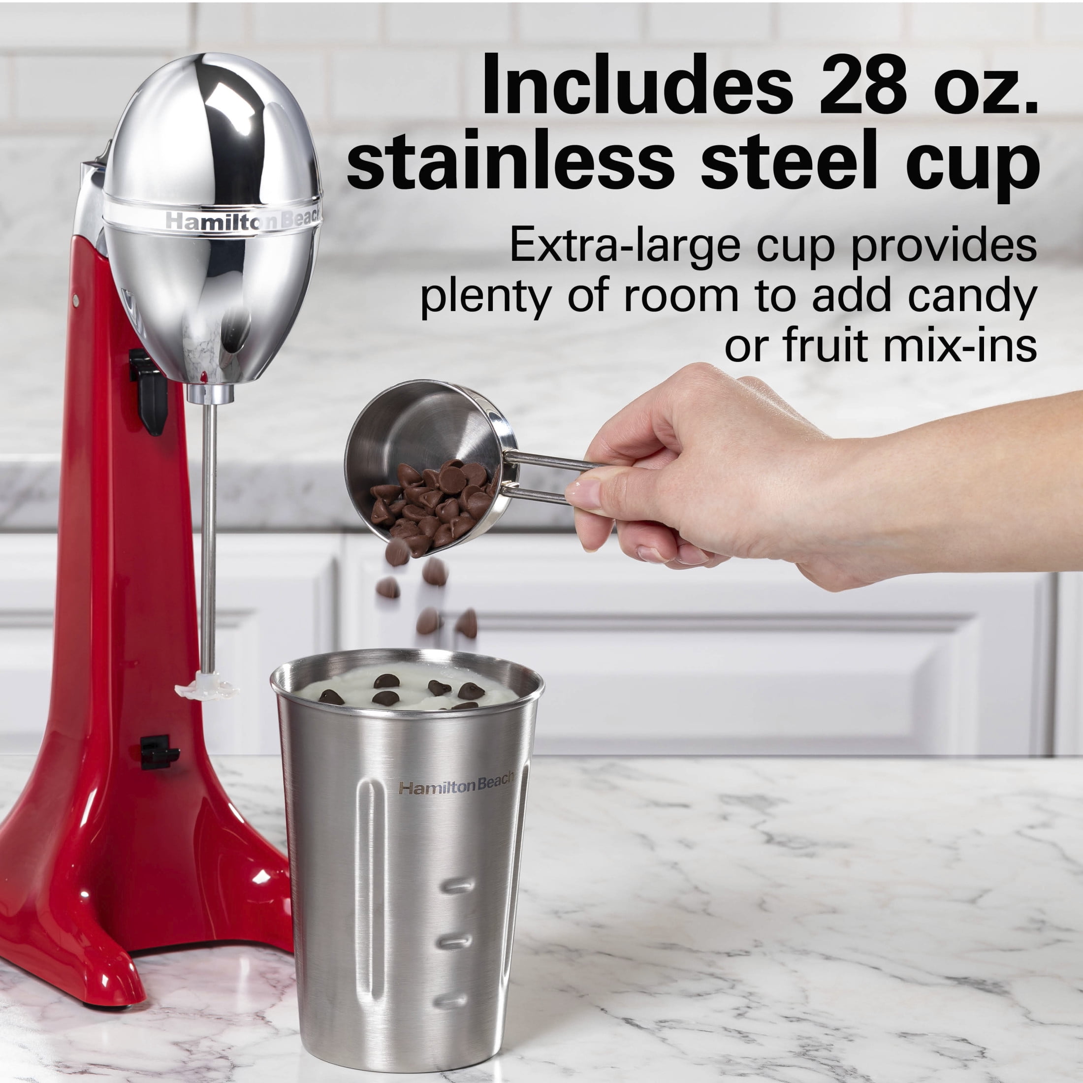 Hamilton Beach DrinkMaster Drink Mixer, Milkshake Maker & Milk Frother with Steel Cup, 28 oz, Red