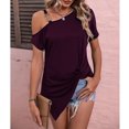 thumbnail image 3 of Mujer Solo Hombro Frío Dobladillo Superior Plisado Color Puro Ajuste Suelto Verano Casual Camiseta Fucsia L, 3 of 6