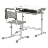 Kids Desk and Chair Set, Adjustable Height Study Table with Tilt Top, Storage Drawer, 6-12 Years, Gray