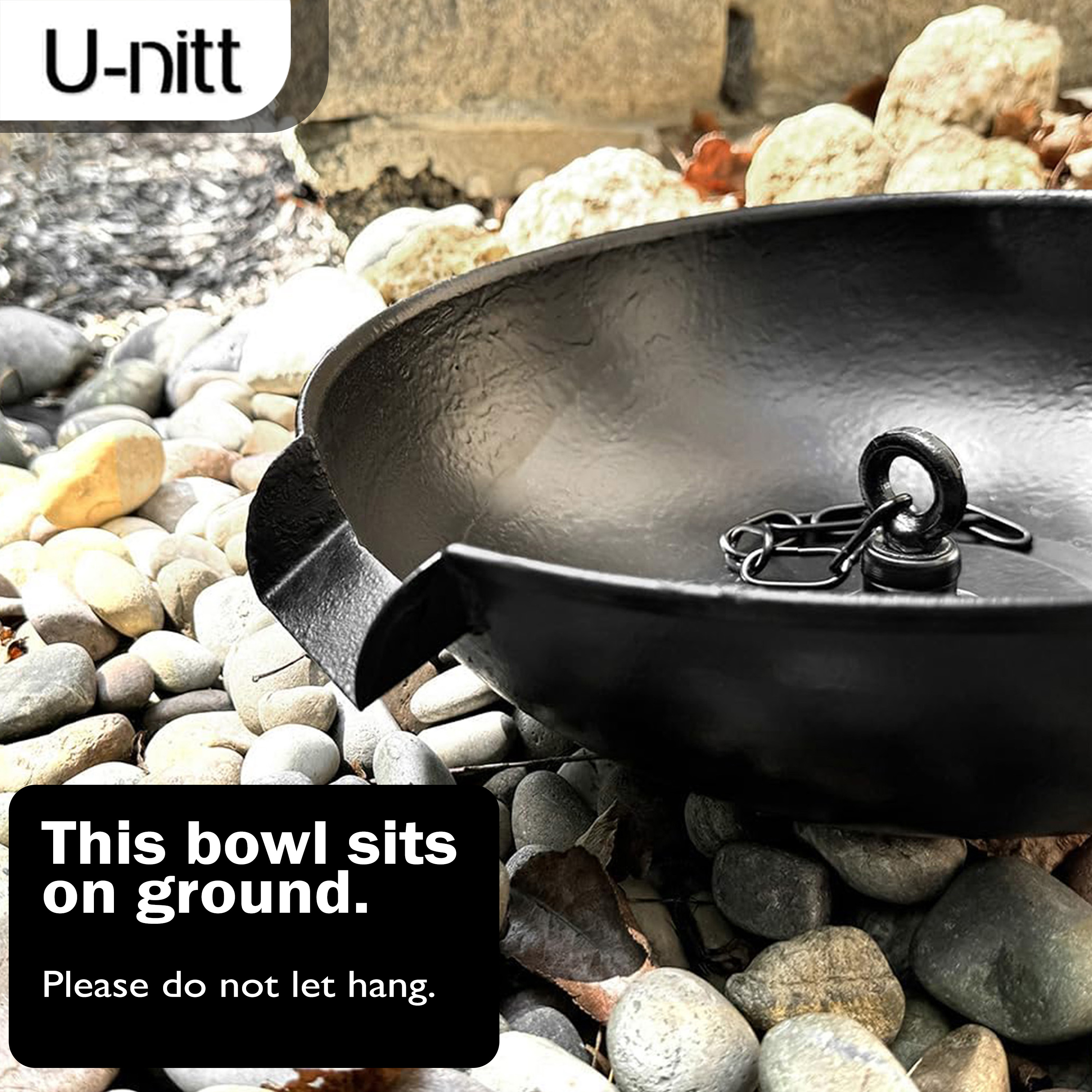U-nitt 12" Anchoring Basin/Bowl/Dish for Gutter Rain Chain, Spill Bowl for Fountain, Flat Scupper, Birdbath Alternative, with Attachment Chain, Black Powder Coated, 972FBLK-V2