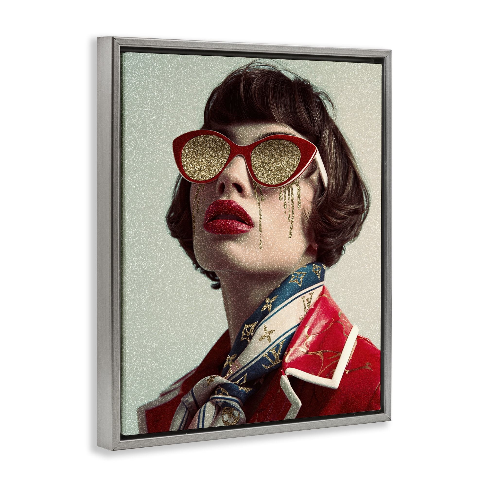 Stupell Industries Retro Woman with Glam Tears People Painting Gray Floater Framed Canvas Art Print Wall Art, 17 x 21