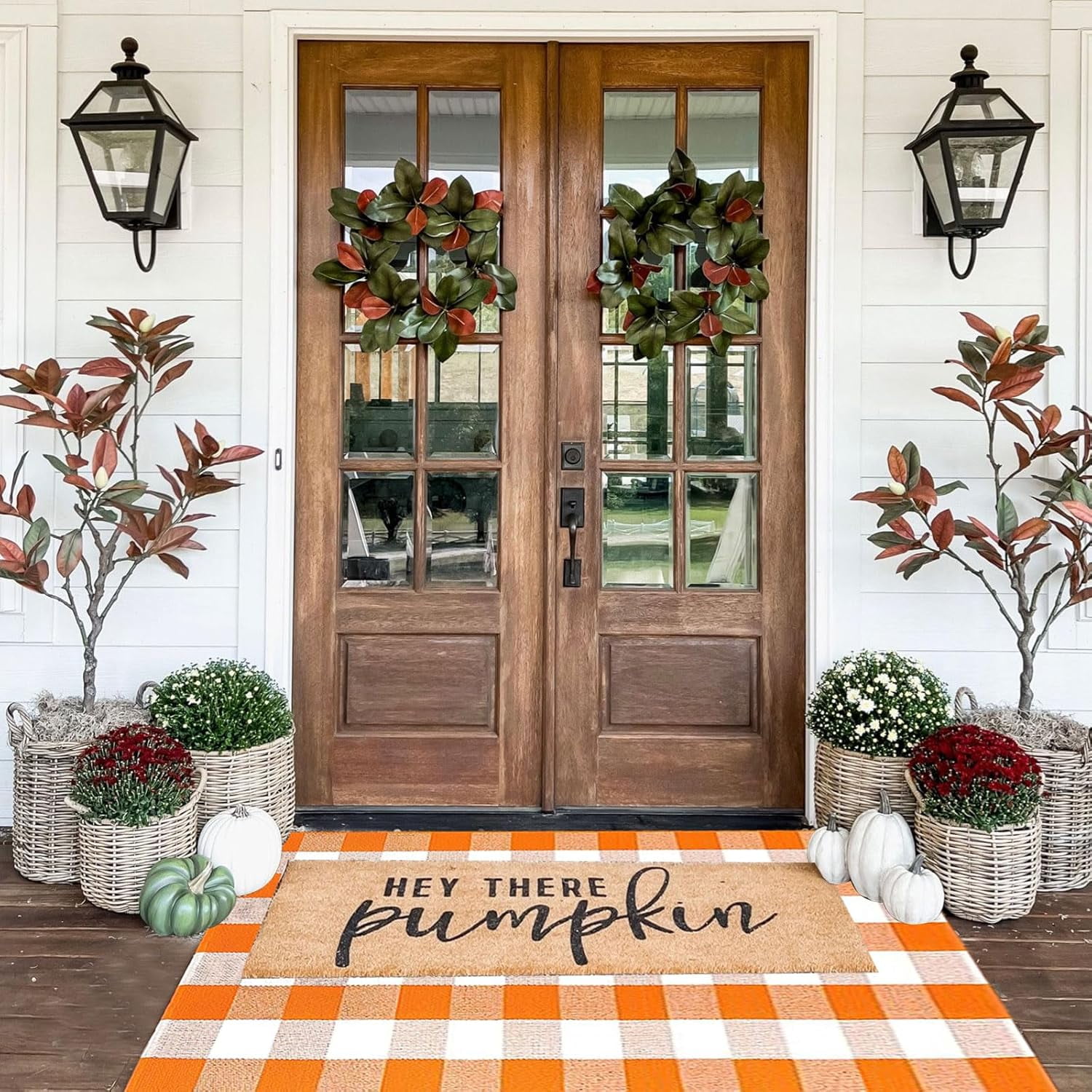 Fall Outdoor Rug Orange Buffalo Plaid Outdoor Rug Cotton Hand-Woven Buffalo Check Rug Layered Doormats for Front Door/Front Porch/Farmhouse/Entryway/Patio(Orange and White Plaid, 3' x 5')