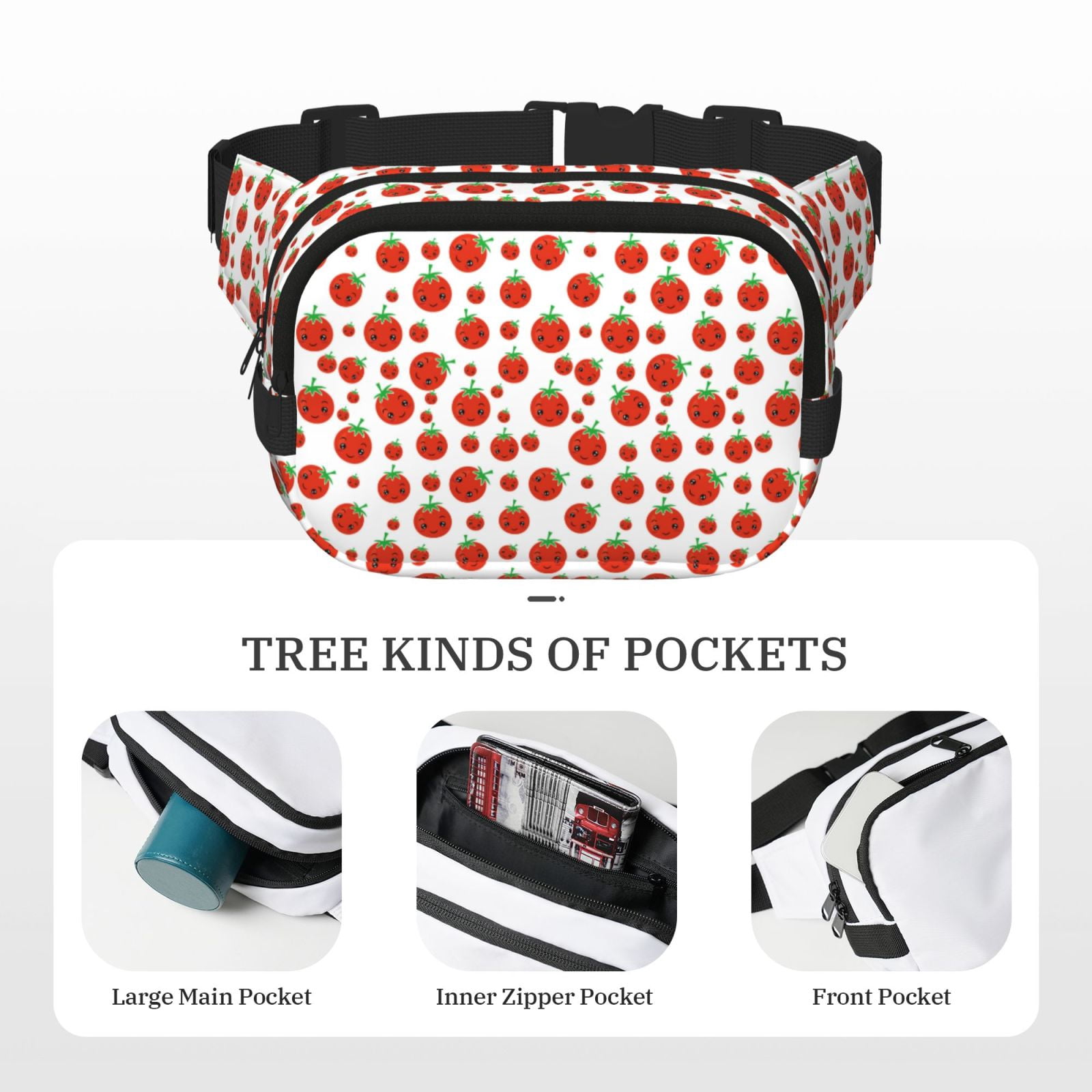 Picia Hand Drawn Tomatoes Print Square Double-Layer Waist Bag Mini Adjustable Waist Belt Bag Exercise Running Travel Hiking