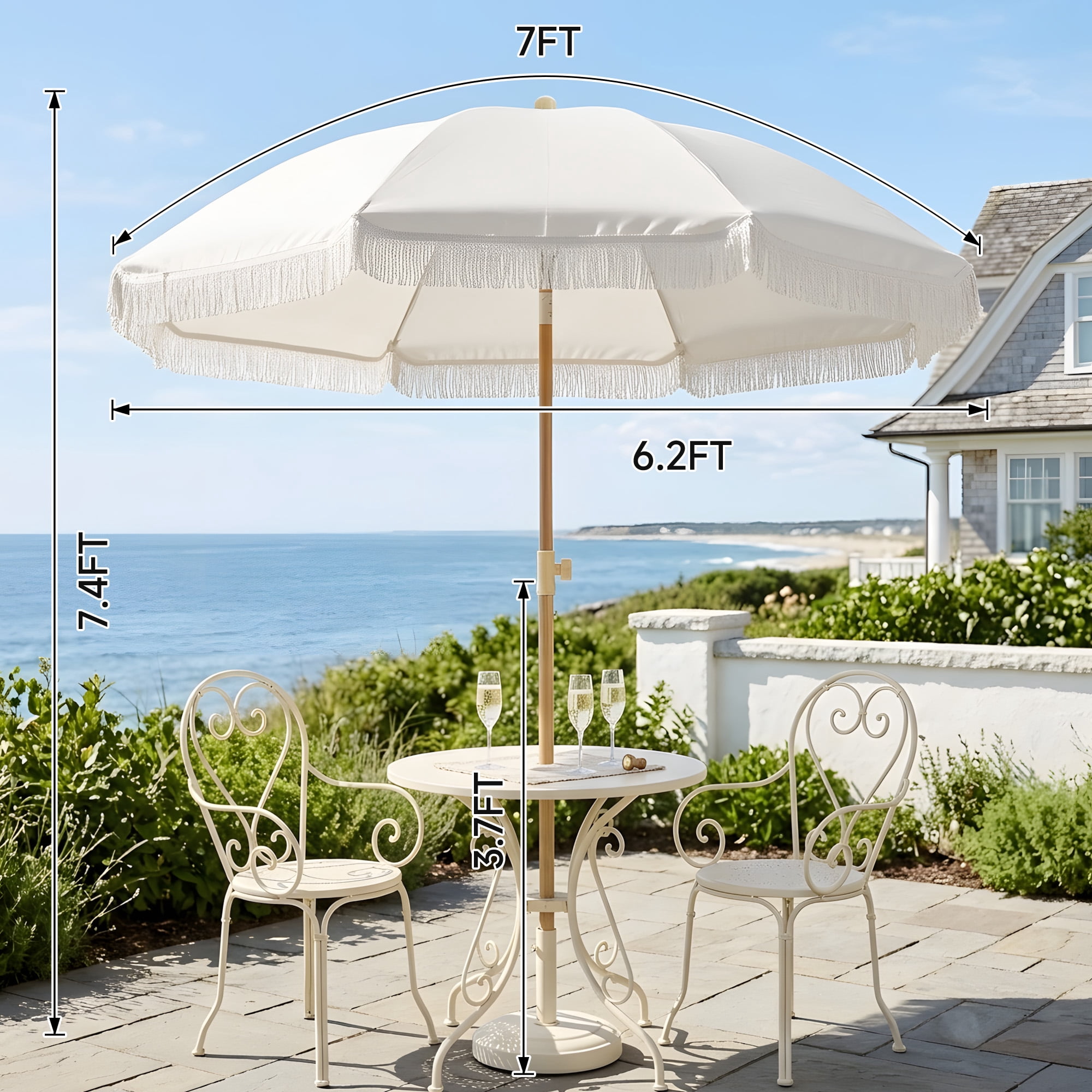 7FT Boho Patio Umbrella with Fringe, UPF50+ Outdoor Umbrella with Fiberglass Ribs and Push Button Tilt, Tassels Umbrella for Beach, Terrace, Picnic