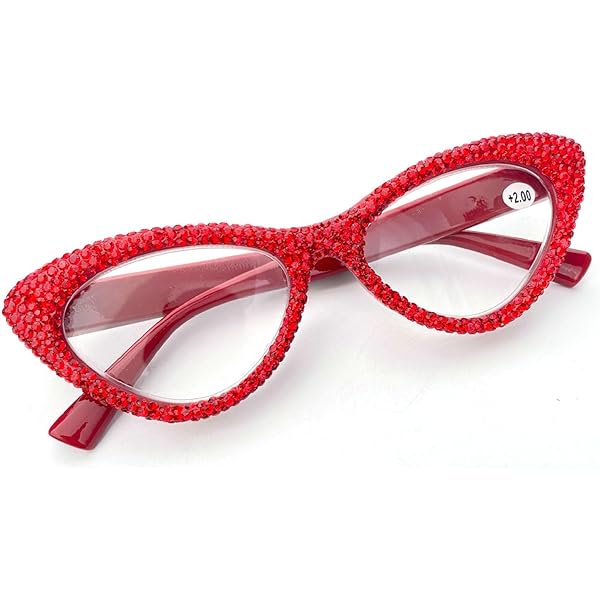 wonima44 Trendy Cat Eye Bling Rhinestones Reading Glasses for Women Red Crystal Diamond Frame Blue light blocking Eyewear