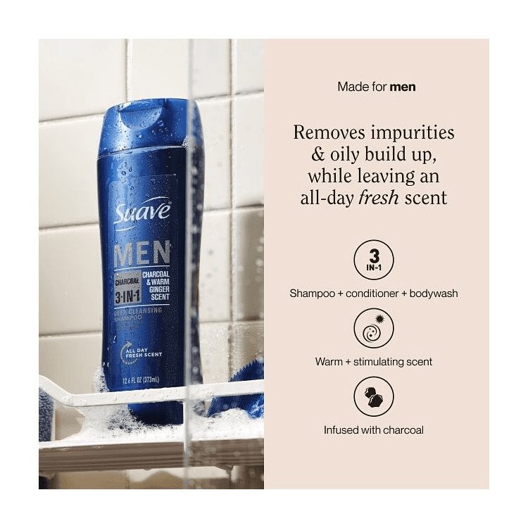 (3 pack) Suave Men Charcoal 3-in-1 Shampoo Conditioner & Body Wash, Charcoal & Ginger, 12.6 oz
