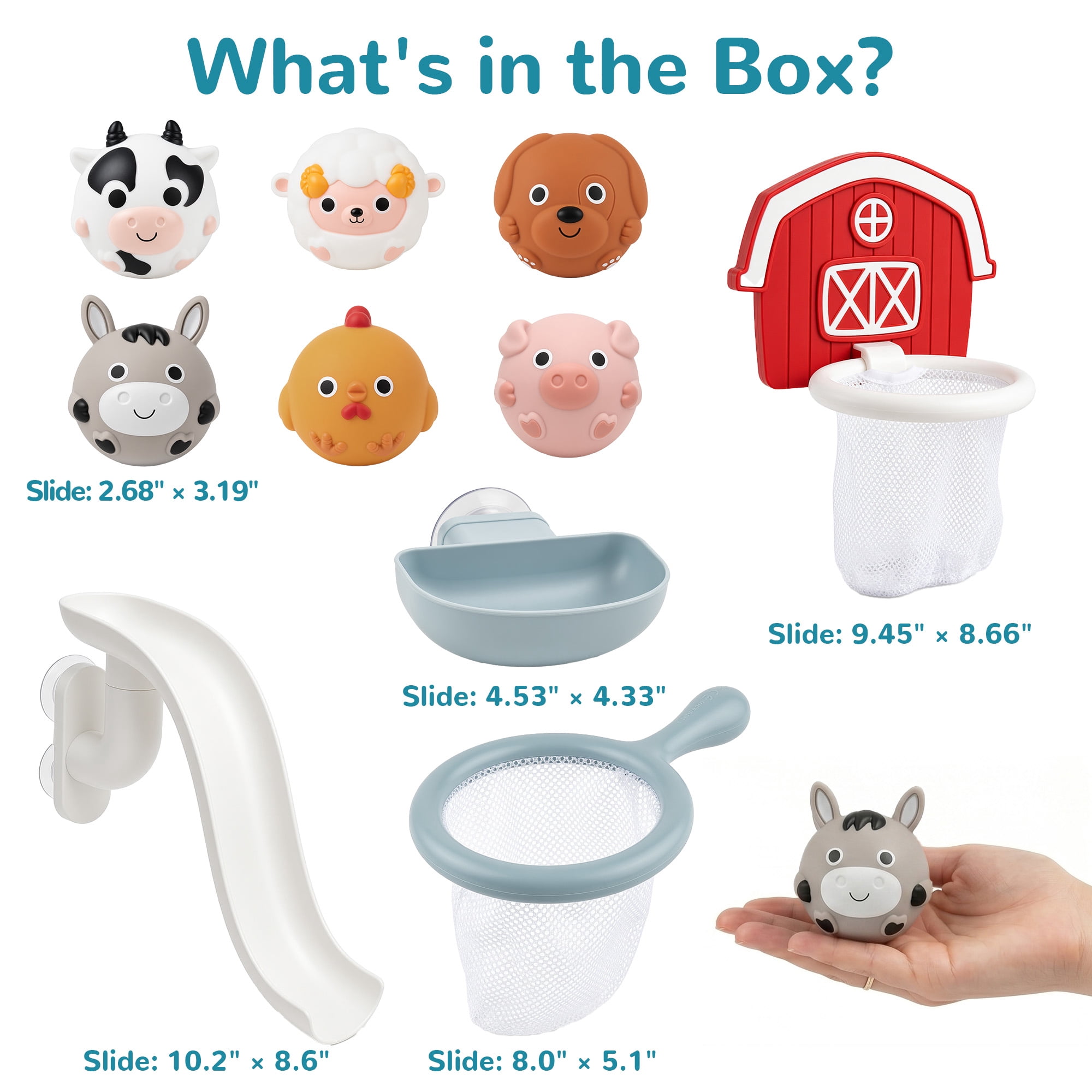10-Piece No-Hole Farm Bath Toys for Toddlers 1-3, Bathtub Slide with Basketball Hoop and 6 Animals, Mold Free Easy Clean Baby Bath Toy Gifts