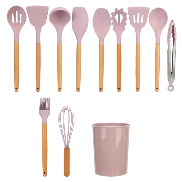 Juego de 12 utensilios de cocina de silicona con mango de madera para cocina casera, color rosa