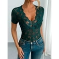 thumbnail image 6 of Mesh Top for Women Short Sleeve Crew Neck Fitted Top Solid Floral Lace Tee Shirts V Neck Sheer Blouses Dark Green S, 6 of 7