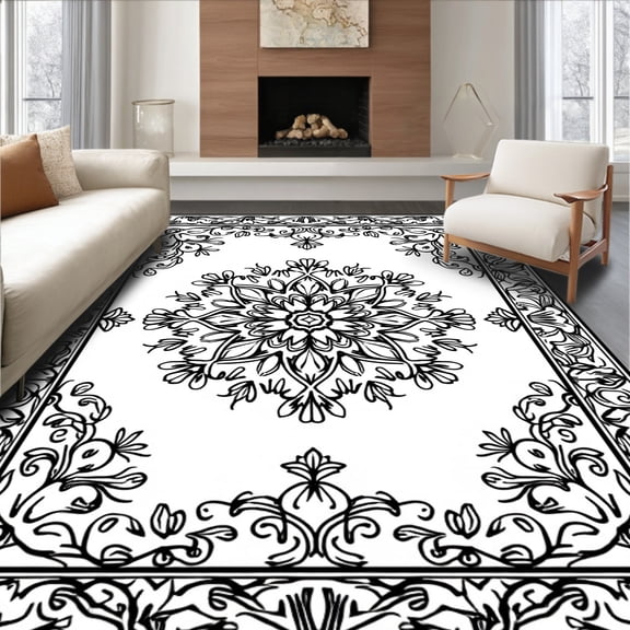 ODIKA 4'x6' Machine Washable Non-Slip Area Rug, Elegant Floral Motif Design with Intricate Black and High Traffic Rug, Black, 293426
