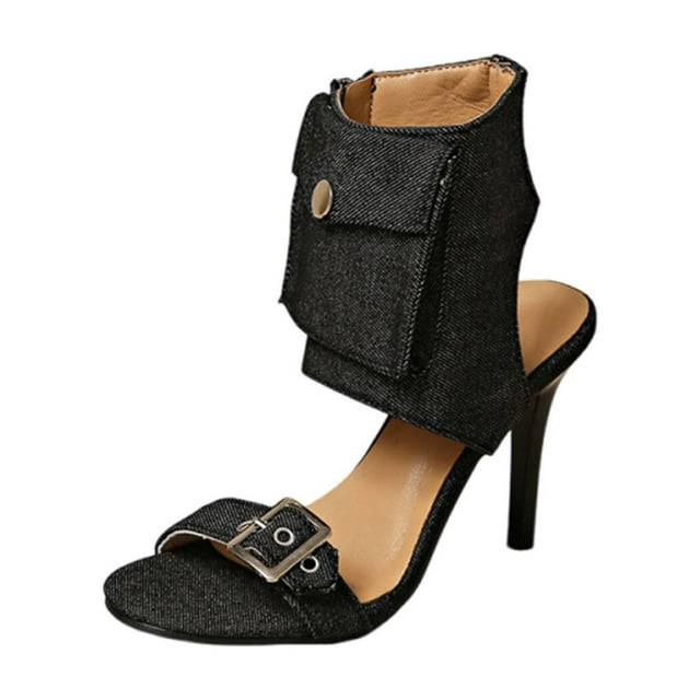 Black Ladies Trendy Relaxed Adaptable Fish Mouth Boots Design Warm Weather Supportive Denim Pocket Jazz Dance Shoes For Everyday Use