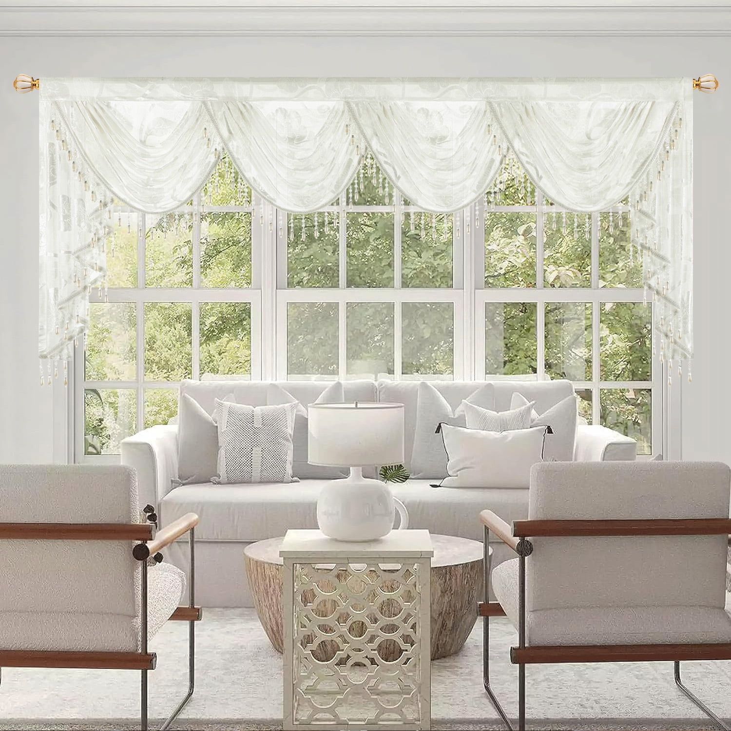 VOGOL White Floral Jacquard Waterfall Sheer Valance Curtain, Beaded Tassel Edge, 43x110 Inches, Elegant Home Drapery