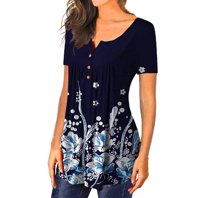 Camiseta de Mujer Sonducket Cuello en V Colorida Plisada Estampado Floral Azul Blanco S