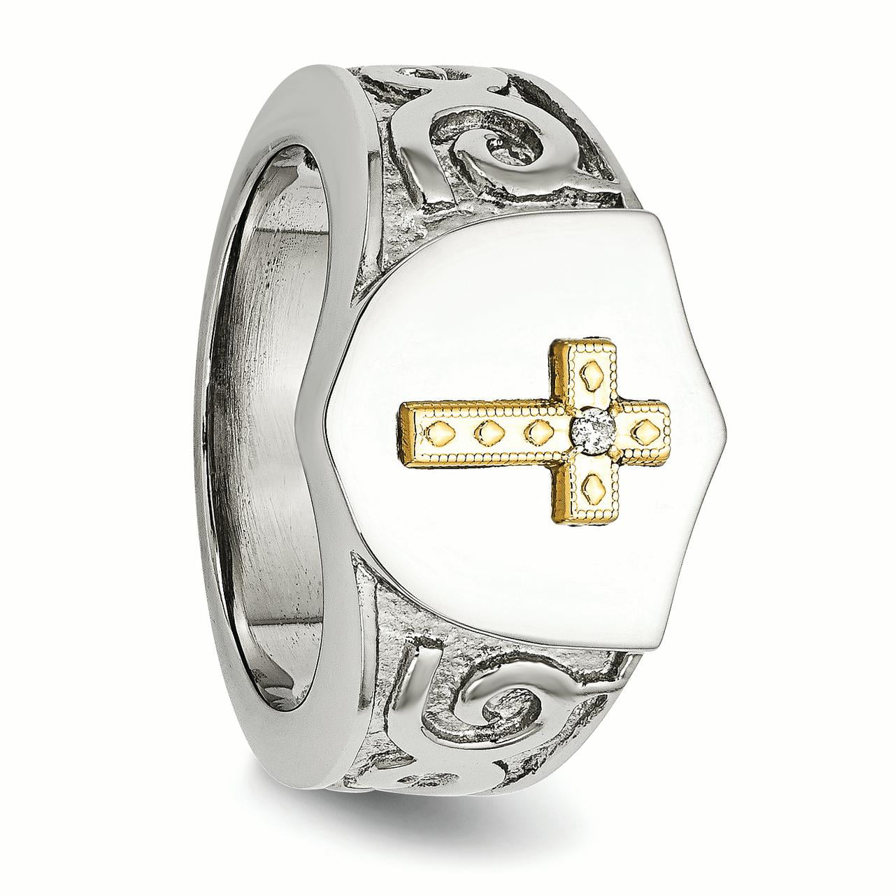 Beautiful Stainless Steel with 10K Gold Cross and .02ct Diamond Polished Ring