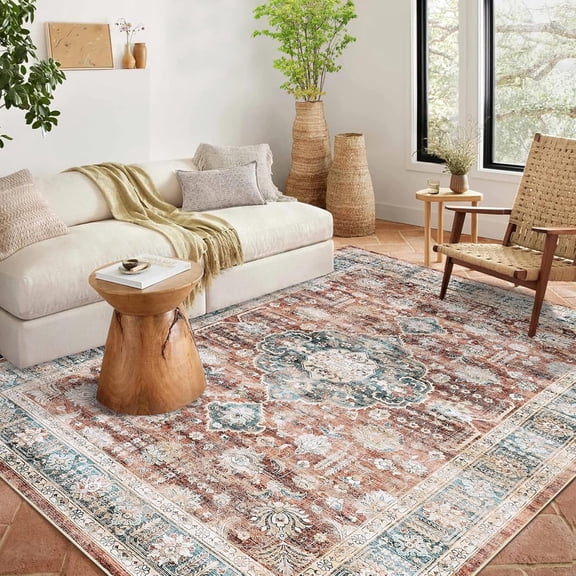 8x10 Washable Low Pile Area Rug, Vintage Floral Distressed, Rust, for Living Room